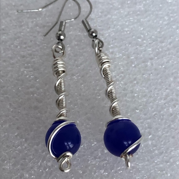 Blue cats eye glass bead wire wrap dangle earrings handmade 2” - Picture 6 of 6
